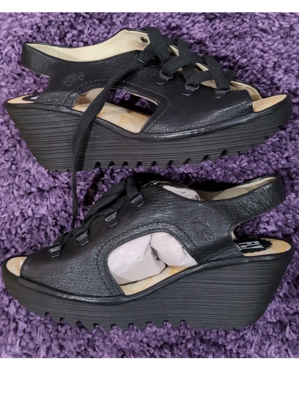 Fly London Mousse Black  Leather Lace Up Wedge Sandal  SZ 38  US 7 -7.5